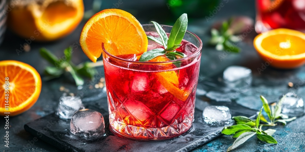Vibrant red cocktail featuring fresh orange slices and ice stones, creating a refreshing drink experience with bright colors and delightful flavors. Perfect for any cocktail enthusiast. Vibrant red cocktail featuring fresh orange slices and ice stones, creating a refreshing drink experience with bright colors and delightful flavors. Perfect for any cocktail enthusiast.