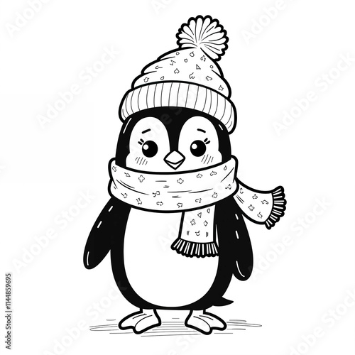 Cute Cartoon Penguin in Winter Attire Black and White Children's Book Style Illustration