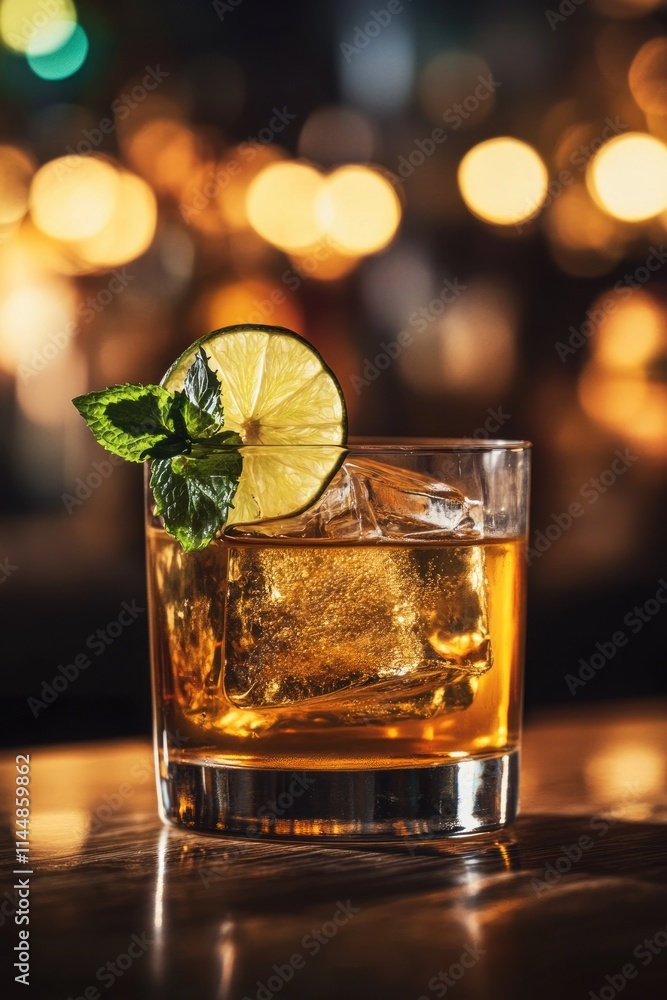 Whiskey drink with lime and mint on a bar. Whiskey drink with lime and mint on a bar.