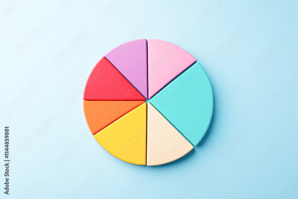 A colorful pie chart is shown on a blue background A colorful pie chart is shown on a blue background