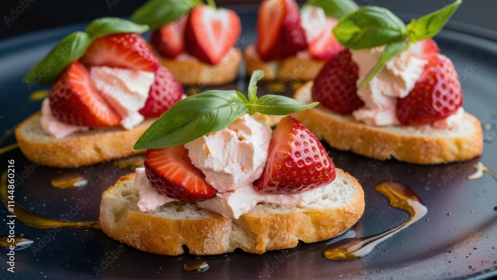 Delicious crostini with strawberry ricotta. Crostini is a golden, crispy slice of bread spread with cream ricotta cheese. Fresh, juicy strawberries are laid out on top of the ricotta. Delicious crostini with strawberry ricotta. Crostini is a golden, crispy slice of bread spread with cream ricotta cheese. Fresh, juicy strawberries are laid out on top of the ricotta.