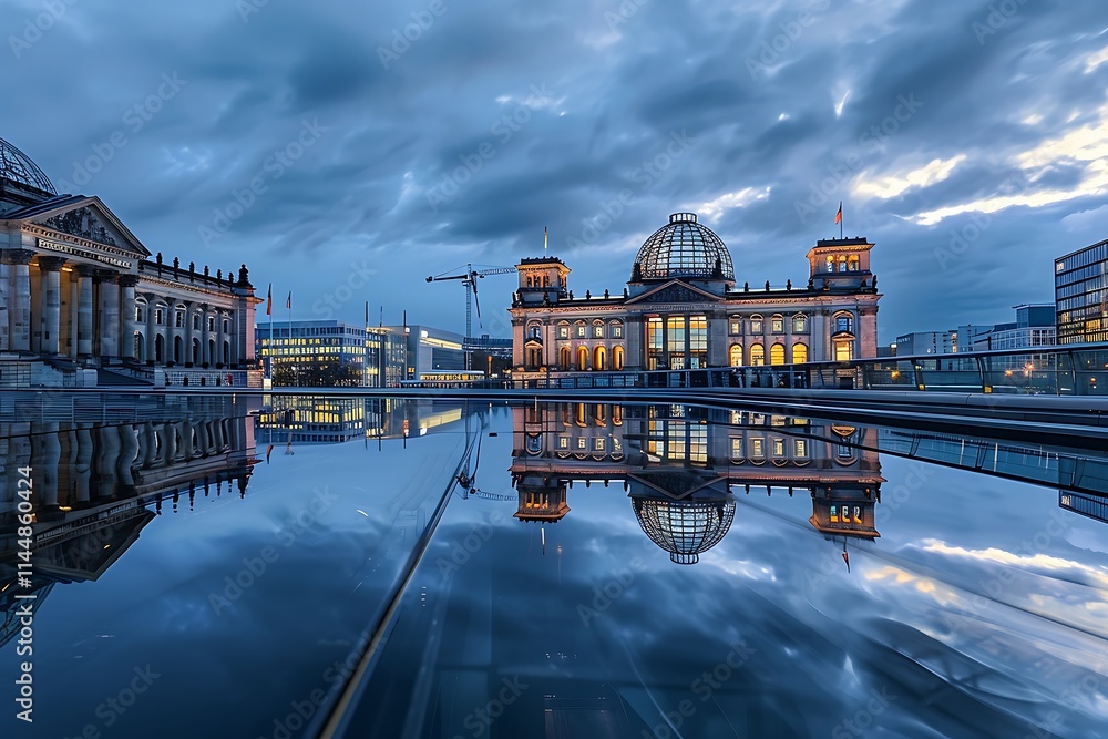 Naklejka premium Panoramic view of Berlin skyline at dusk, Germany. View from Spree river.