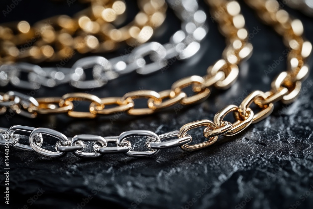 Gold and silver chain necklaces on dark stone. Gold and silver chain necklaces on dark stone.