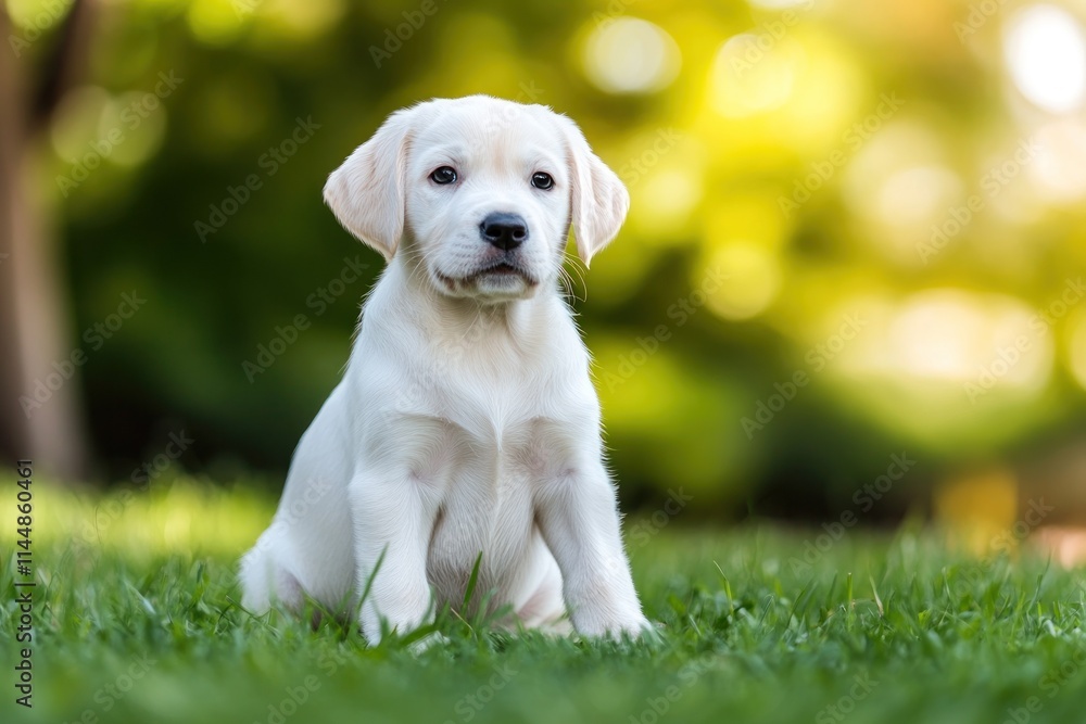 Cute Labrador puppy sits in green grass with blurred bokeh background. Cute Labrador puppy sits in green grass with blurred bokeh background.