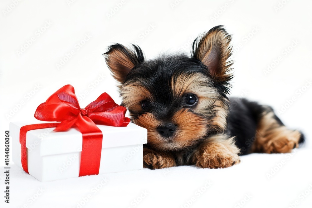 Small cute puppy with a gift box and red bow. Small cute puppy with a gift box and red bow.