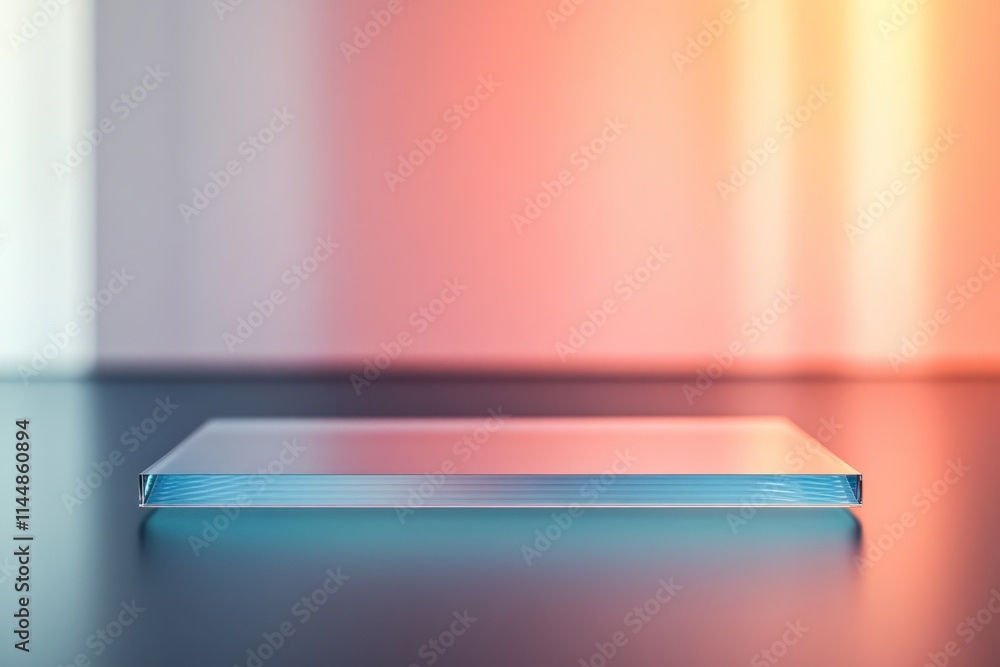 Glass slab on reflective surface, light background. Glass slab on reflective surface, light background.