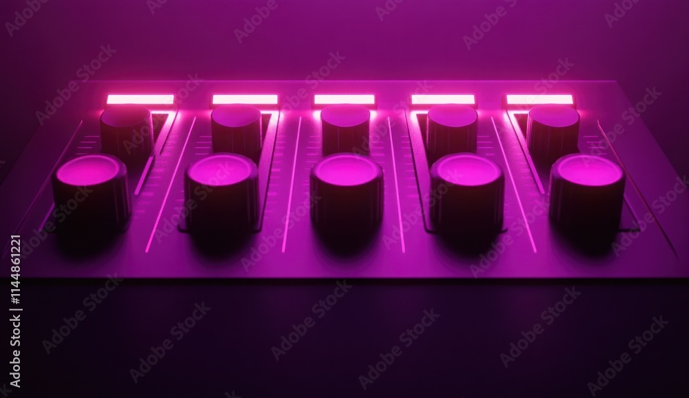 Pink glowing audio mixer with sliders and knobs. Pink glowing audio mixer with sliders and knobs.