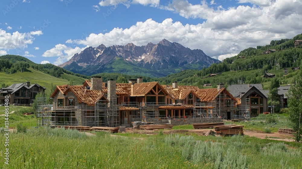 Mountain view home construction site, timber frames. Mountain view home construction site, timber frames.