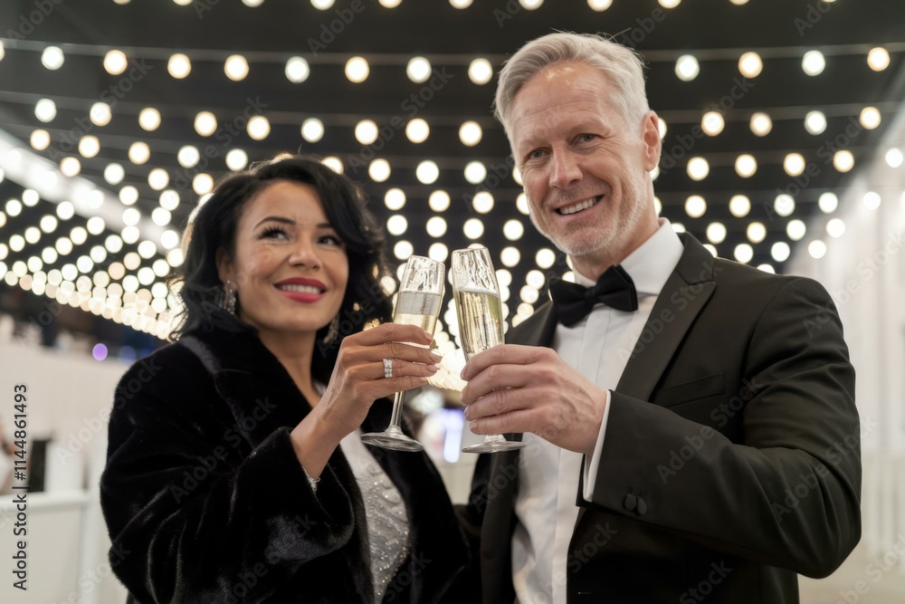 Elegant Couple Toasting Champagne New Year's Eve Celebration Elegant Couple Toasting Champagne New Year's Eve Celebration