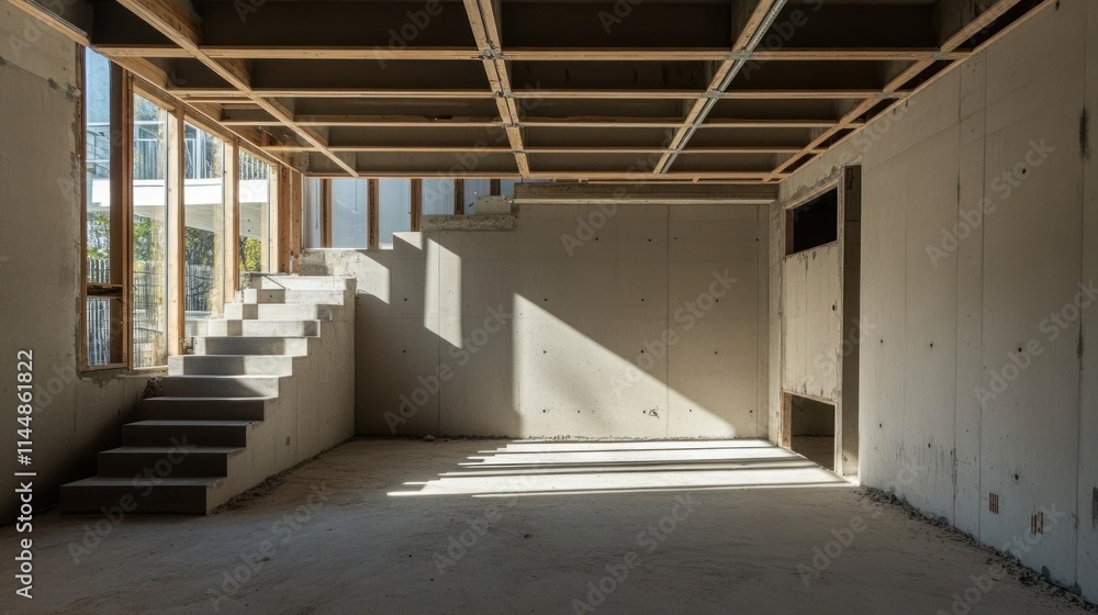 Fototapeta premium Interior view of unfinished concrete space with exposed wooden framework.