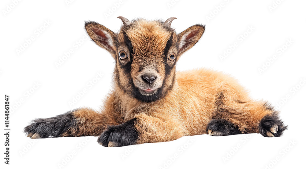 Obraz premium Cute Baby Goat Portrait: A tiny, adorable baby goat with big, curious eyes and a playful expression, lying on a white background. Perfect for farm, animal, and nature themes. 