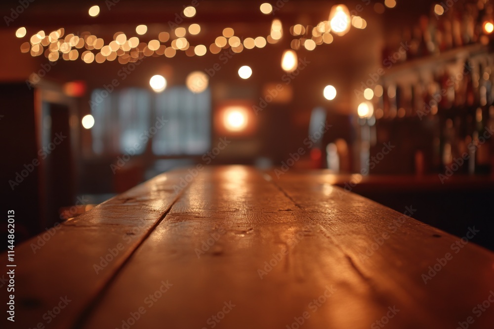 Blurred bar with wooden counter and string lights. Blurred bar with wooden counter and string lights.