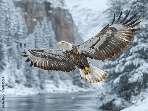 Bald eagle flying above grand canyon in the winter