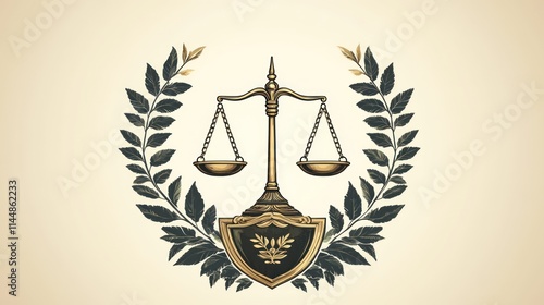 Golden scales of justice with laurel wreath and shield.