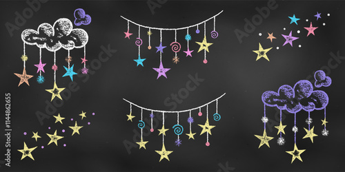 Children's Chalk Drawn Sketch. Set of Design Elements Star Threads, Constellations, Clouds, Isolated on Chalkboard Backdrop.