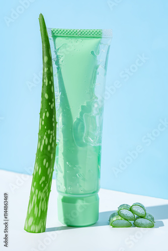 Aloe vera based skincare cream in fresh green packaging photo