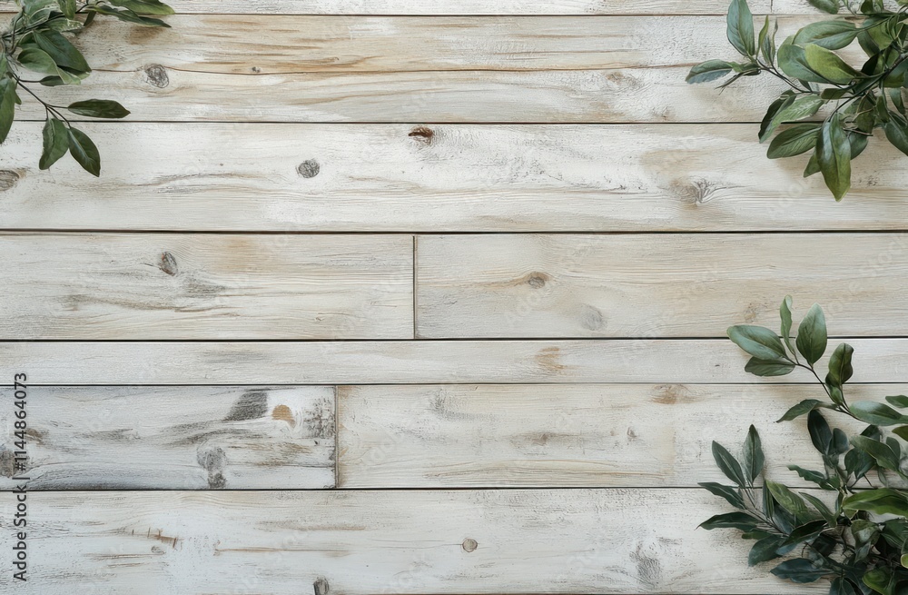 Rustic wood planks with green leaves. Rustic wood planks with green leaves.