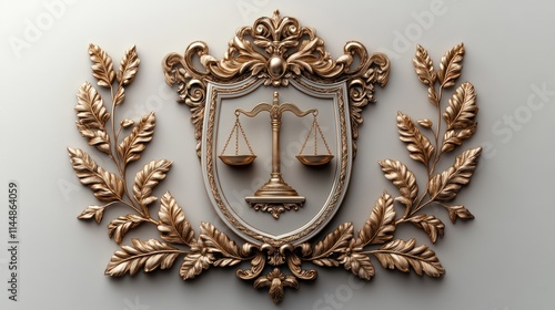 Gold ornate crest with scales of justice.
