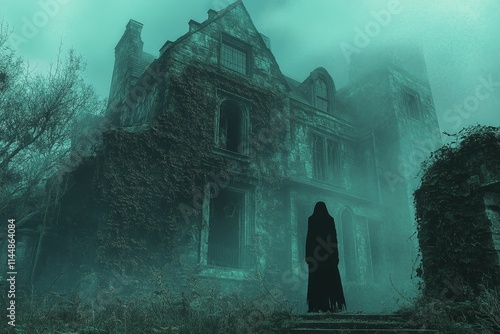 Foggy, overgrown mansion; cloaked figure on steps. photo