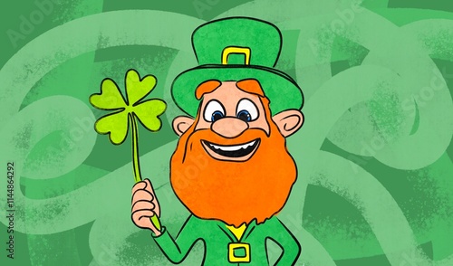 Cheerful leprechaun holding a shamrock on Saint Patrick's Day