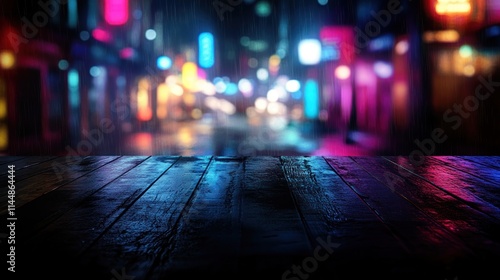 Nighttime street view with blurry colorful signs above wooden wet tabletop.