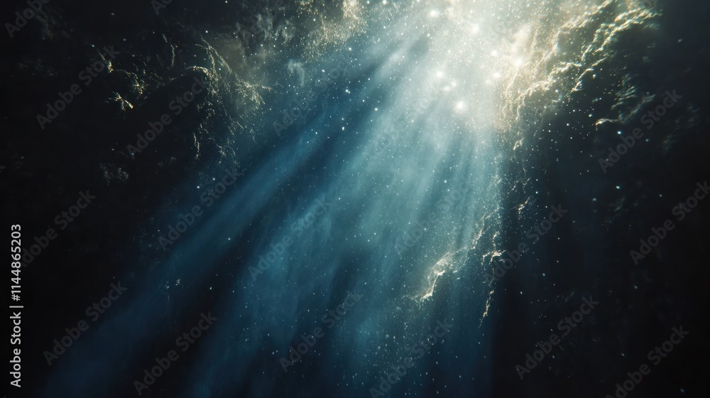 Naklejka premium Underwater light beams penetrate dark depths.
