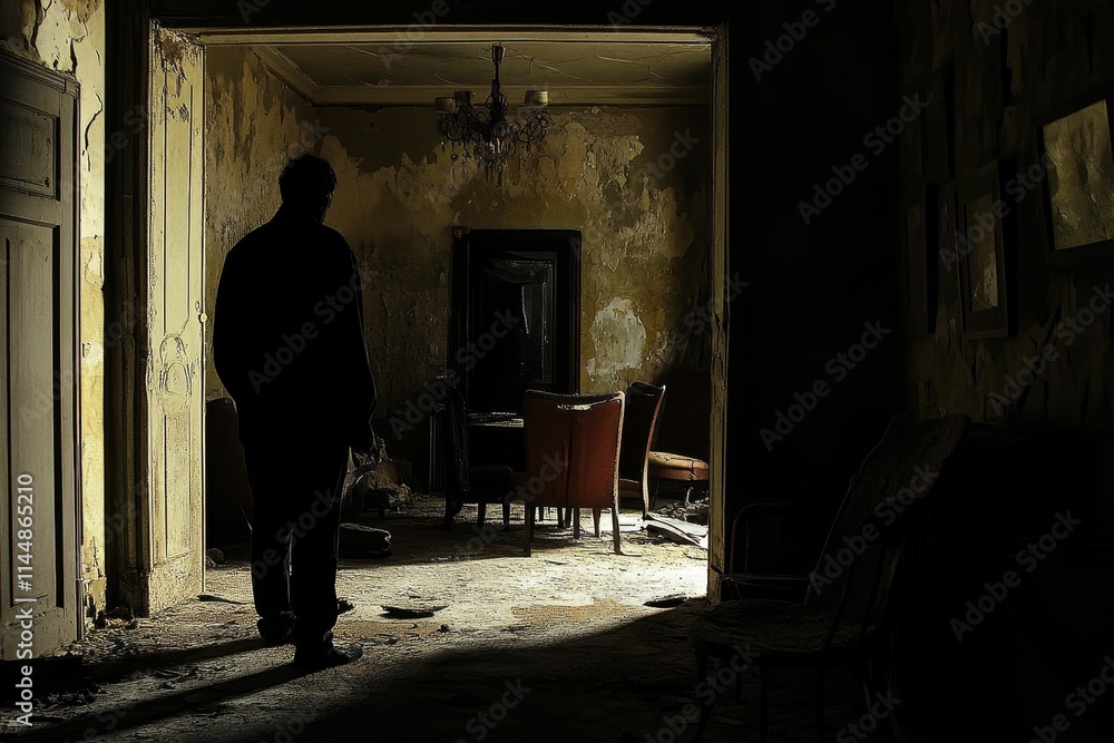 Silhouetted figure in dilapidated, dimly lit room. Silhouetted figure in dilapidated, dimly lit room.