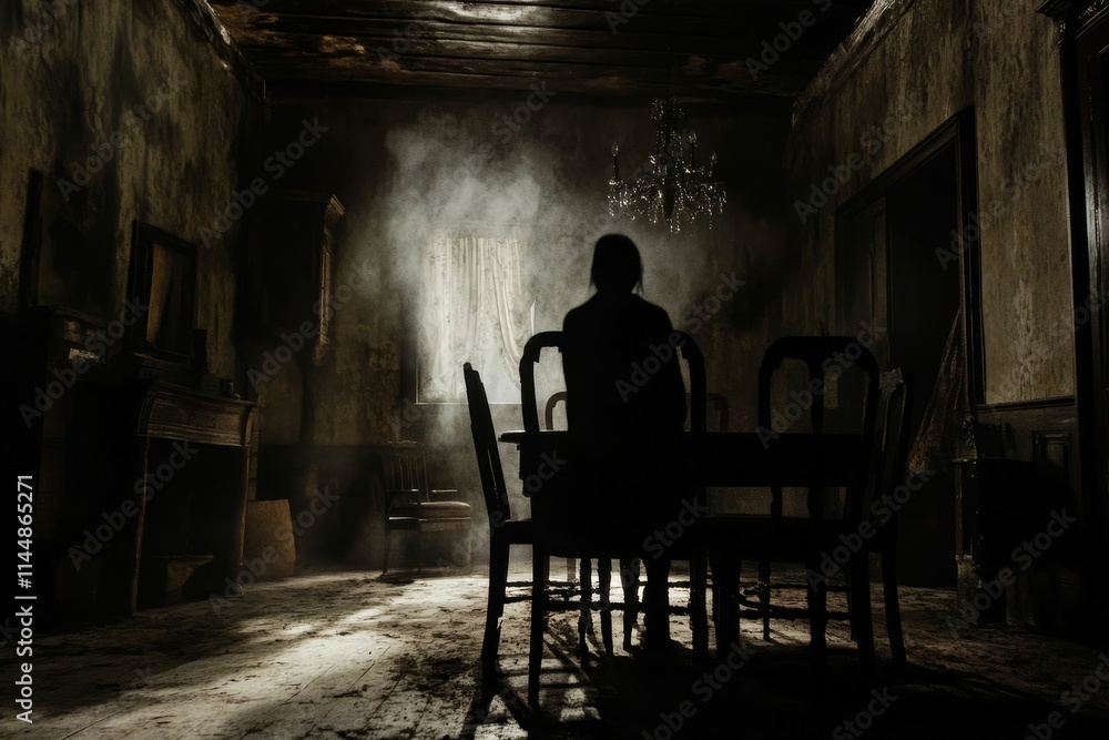 Naklejka premium Silhouette in smoky, damaged room, seated at table.