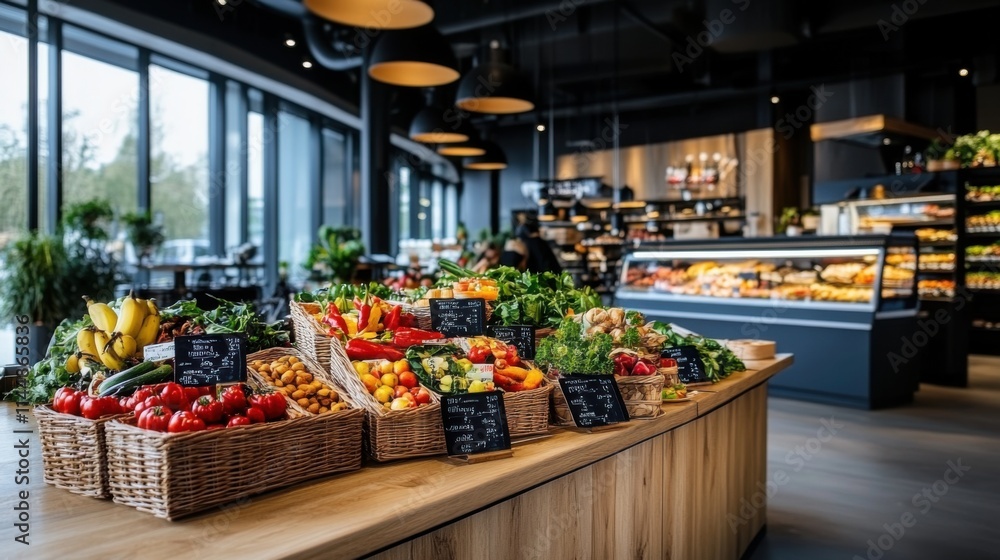 Fototapeta premium Vibrant Display of Fresh Vegetables and Fruits in Modern Market Interior with Natural Light and Stylish Design