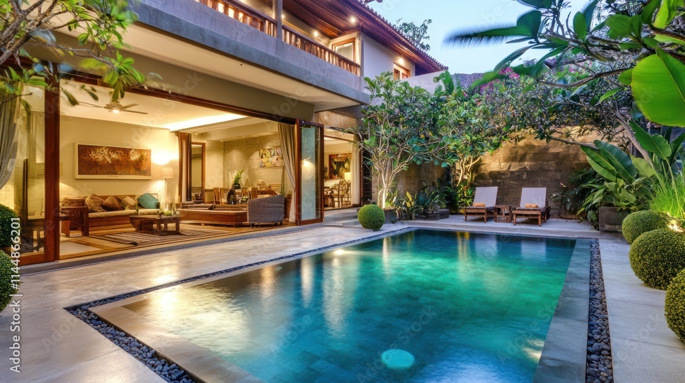 Obraz premium Luxurious house with pool, lounge area and outdoor seating.