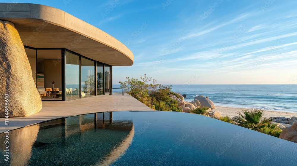 Modern beach house with swimming pool has minimalist architecture with natural beach landscape, background wallpaper AI generated image Modern beach house with swimming pool has minimalist architecture with natural beach landscape, background wallpaper AI generated image