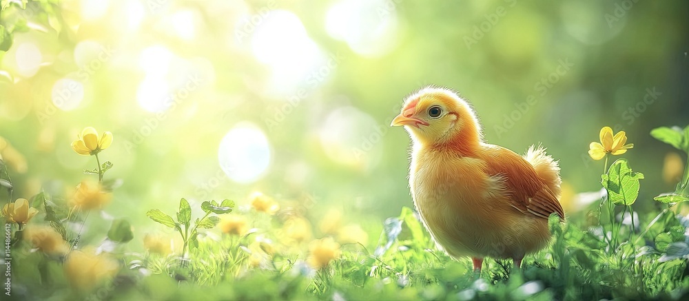 Cute chick in sunny spring meadow. Cute chick in sunny spring meadow.