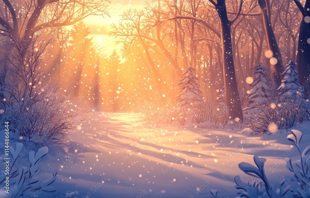 Snowy forest scene with sunlight, falling snow. Snowy forest scene with sunlight, falling snow.