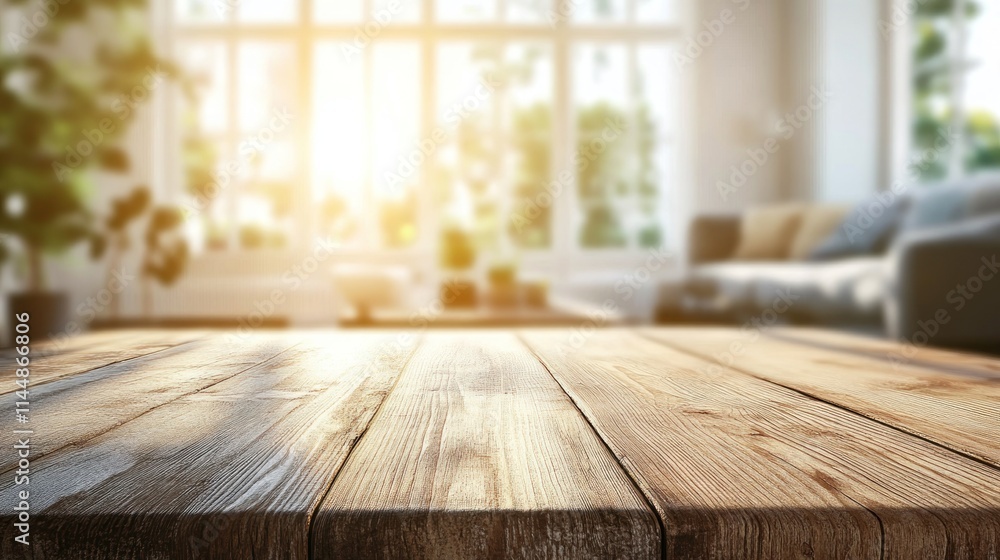 Empty wooden table with bright, blurred indoor background. Empty wooden table with bright, blurred indoor background.