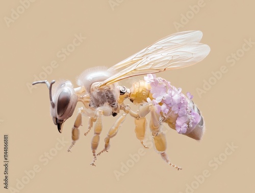 Hyper-Detailed Mechanical Bee with Pastel Floral Prints on Beige Background photo