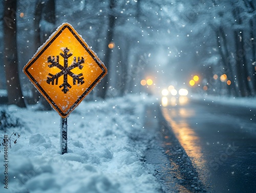 Winter storm season with snowflake symbol sign against a snowy background and copy space. Snow splattered and angled sign adds to the drama. photo