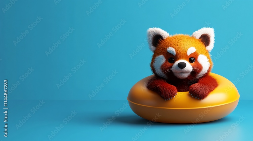 Cute red panda in yellow floatie on blue background. Cute red panda in yellow floatie on blue background.