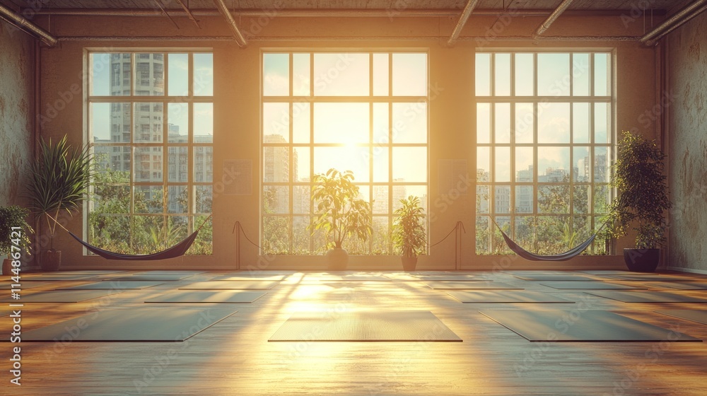 Sunlit yoga studio with hammocks and mats. Sunlit yoga studio with hammocks and mats.