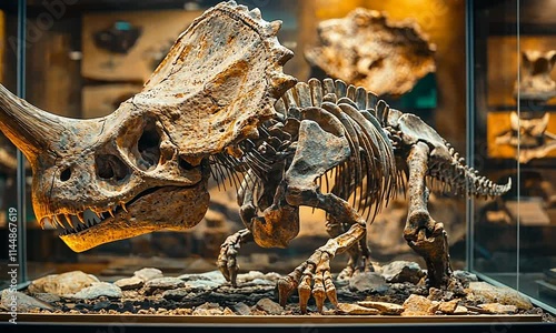 A detailed dinosaur skeleton displayed in a museum setting.