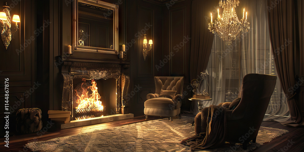 Interior View of a Dark-Paneled Room with Fireplace and Armchairs Interior View of a Dark-Paneled Room with Fireplace and Armchairs