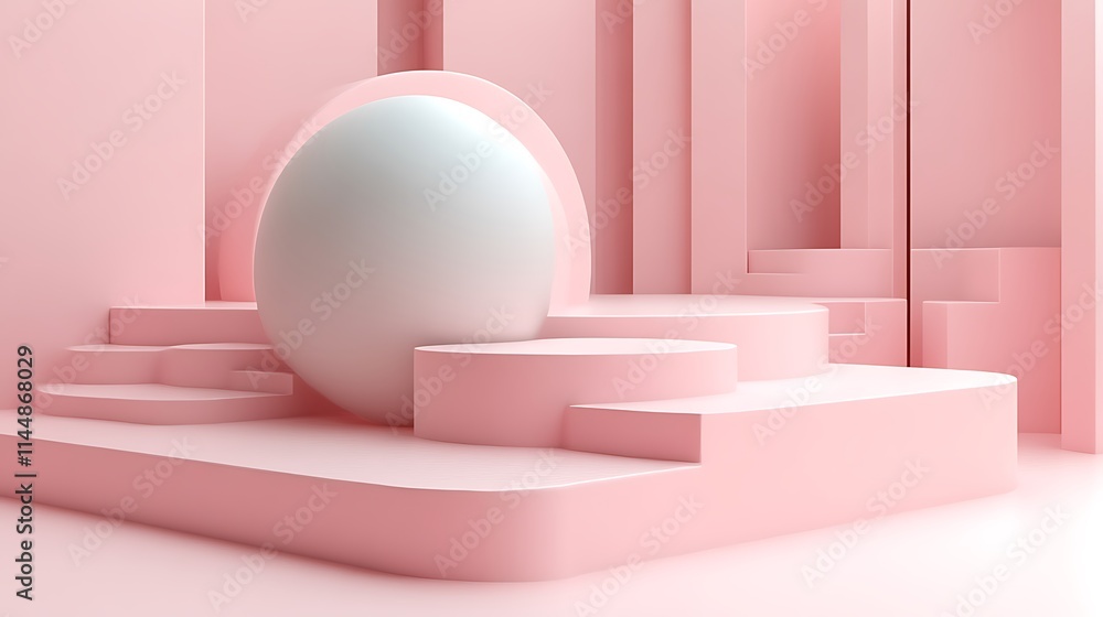 White Egg Rests on Pink Abstract Geometric Platforms White Egg Rests on Pink Abstract Geometric Platforms