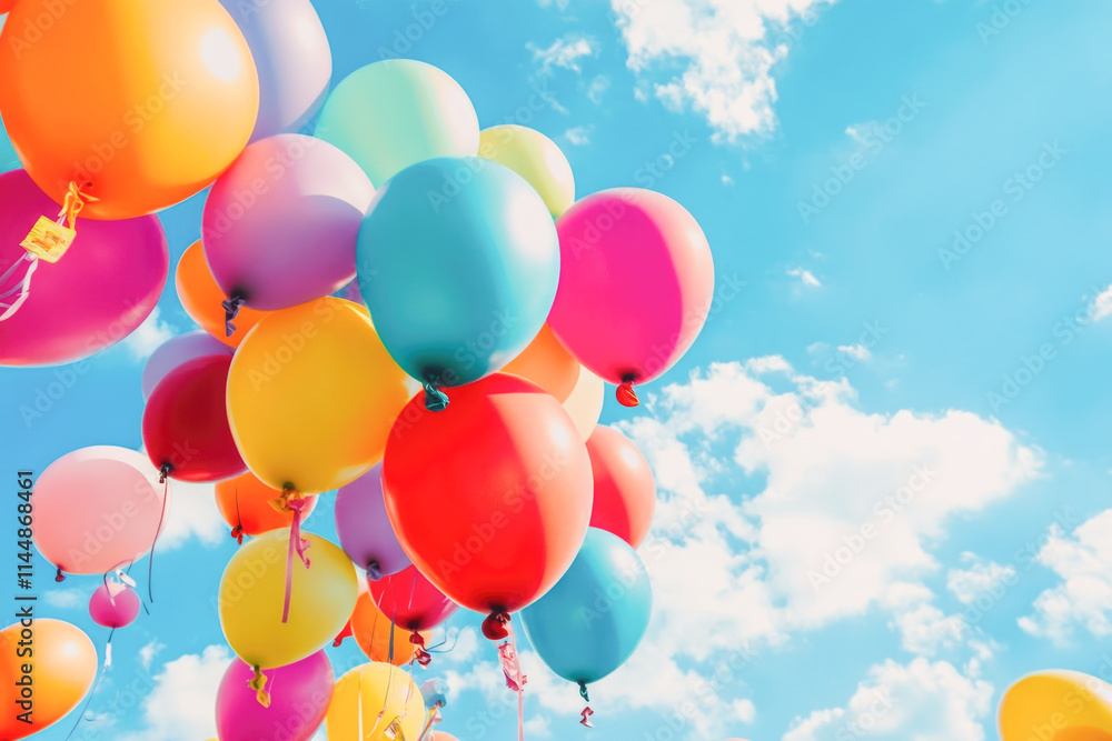 Colorful balloons floating in a clear blue sky with clouds Colorful balloons floating in a clear blue sky with clouds