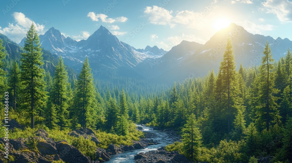 Sunlit mountain river valley with evergreen forest.