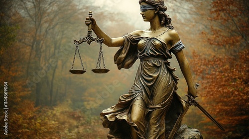Blindfolded Lady Justice statue holding scales and sword in autumnal forest.