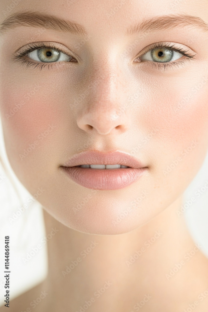 Close-up portrait of young caucasian female with natural makeup and green eyes Close-up portrait of young caucasian female with natural makeup and green eyes