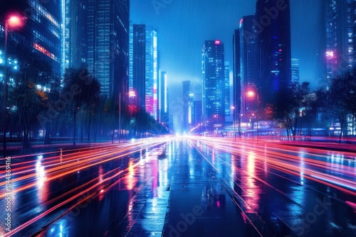 City street lit with streaks of car lights at night after rain.