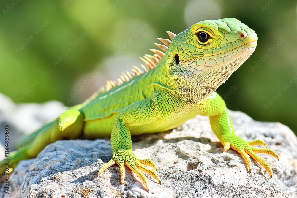 Fototapeta premium Vibrant green iguana on sunlit rock