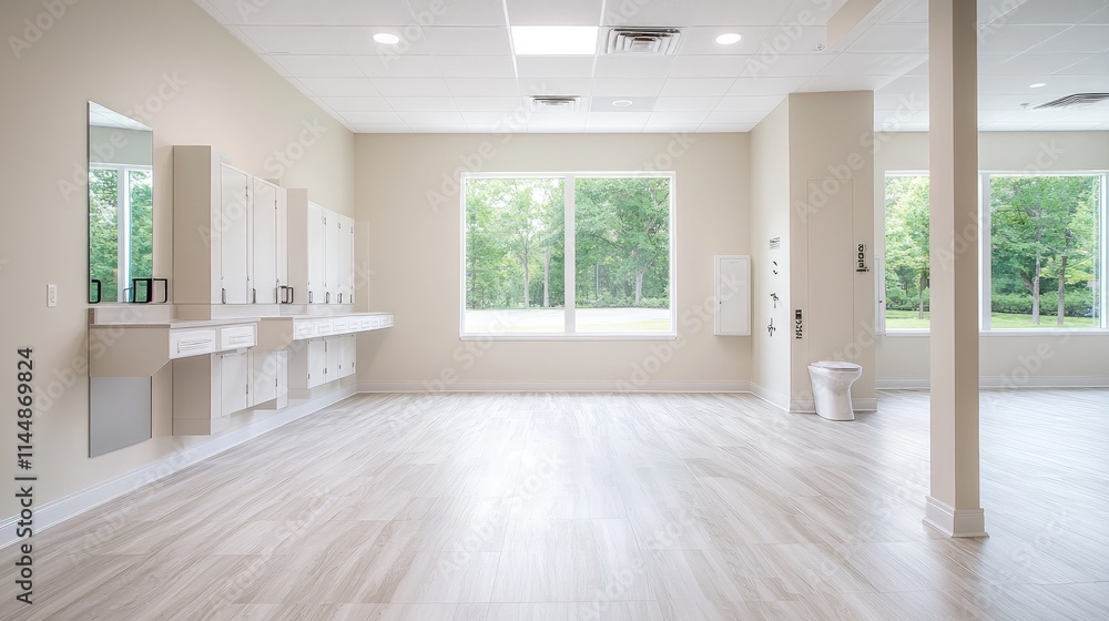 Obraz premium Spacious, bright room with large windows, light wood floors, white cabinets, and a toilet.