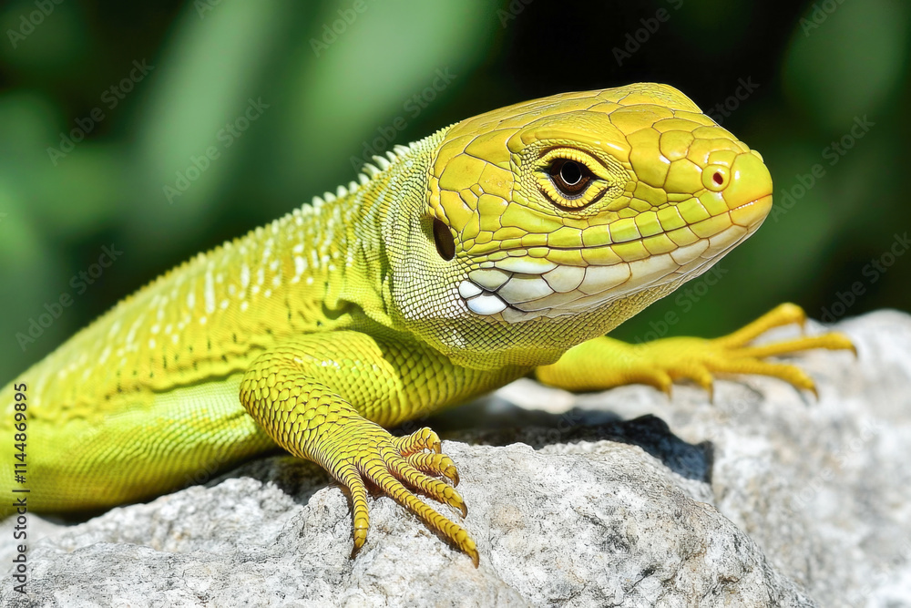Fototapeta premium Vibrant green lizard on rock with detailed scales and patterns