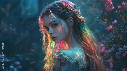 Long rainbow haired princess female character wearing a fantasy style dress with sparkling details, background wallpaper AI generated image photo